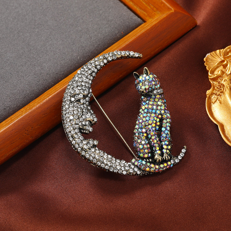 2022 broșe strălucitoare de pisică așezată și lună pentru femei cu stras mare, animale de companie frumoase, pentru petrecere, birou, broșă cu diamante incrustate, cadouri