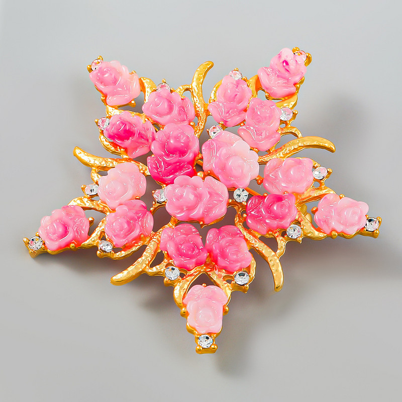 Broșe cu stea cu flori mari pentru femei, trandafir roz, stea frumoasă cu cinci colțuri, petrecere de birou, broșă cu diamante incrustate, rășină, cadouri