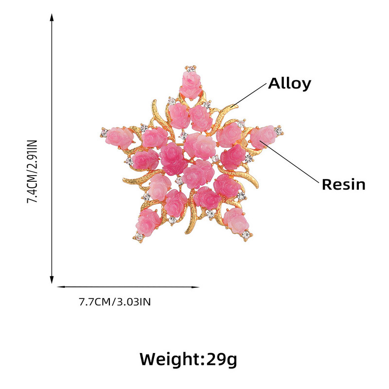 Broșe cu stea cu flori mari pentru femei, trandafir roz, stea frumoasă cu cinci colțuri, petrecere de birou, broșă cu diamante incrustate, rășină, cadouri