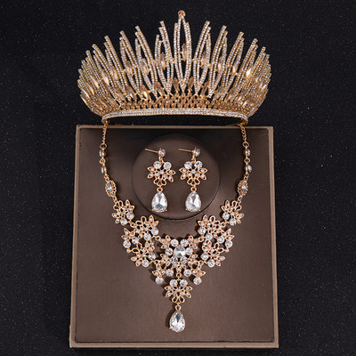 Луксозни комплекти булчински бижута от кристали Тиара Корона Neckalce Комплект обеци за жени Булка Сватбени аксесоари Комплект бижута