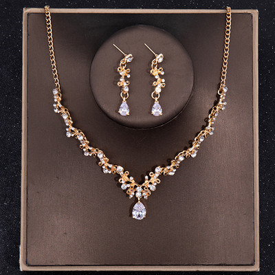 Zelta krāsas Luksusa līgavu rotaslietu komplekti Kristāla Rhinestone Tiara kroņa kaklarotas auskaru komplekts Sieviešu kāzu aksesuāri Juvelierizstrādājumu komplekts