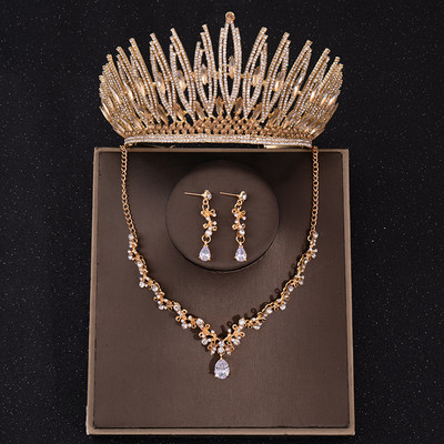 Zelta krāsas Luksusa līgavu rotaslietu komplekti Kristāla Rhinestone Tiara kroņa kaklarotas auskaru komplekts Sieviešu kāzu aksesuāri Juvelierizstrādājumu komplekts