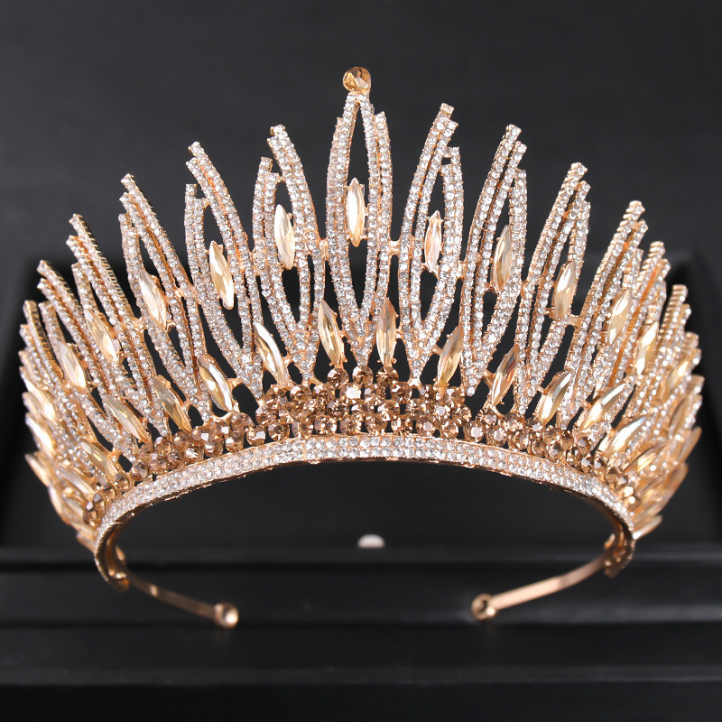 Seturi de bijuterii de mireasă de lux de culoare aurie, diademă cu strasuri de cristal, set de cercei, colier, accesorii de nuntă, set de bijuterii