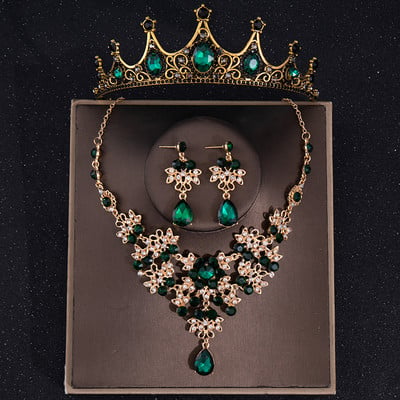 Barokni vintage zeleni kristali Kompleti svadbenog nakita Rhinestone Tijara Crown Stud Naušnice Choker Ogrlica Vjenčanje Dubai Set nakita