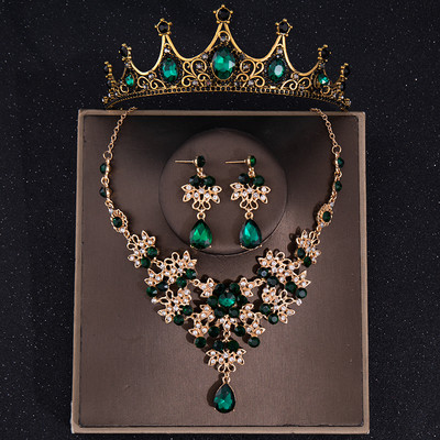 Barokk Vintage zöld kristály menyasszonyi ékszer készletek strassz tiara korona fülbevaló nyaklánc nyaklánc esküvői Dubai ékszer szett
