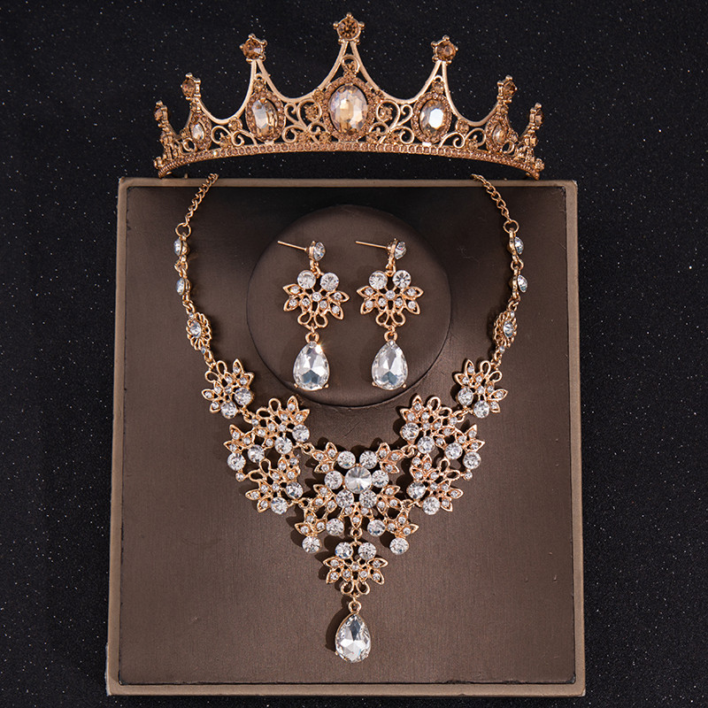 Barokk Vintage zöld kristály menyasszonyi ékszer készletek strassz tiara korona fülbevaló nyaklánc nyaklánc esküvői Dubai ékszer szett