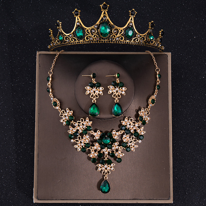 Environmentalist Groping famous Seturi de bijuterii de mireasă de cristal verde, baroc, vintage, diademă cu  stras, cercei tip coroană, colier, nuntă, set de bijuterii Dubai -  Baduglobal.ro