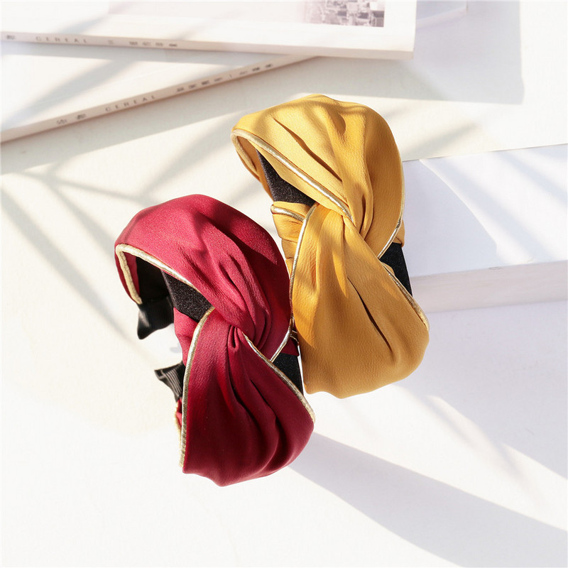 Benzi mari de păr din șifon solid pentru femei, bijuterii de modă, benzi cu lățime de noduri încrucișate pentru femei, accesorii sportive laterale de aur de epocă Mujer