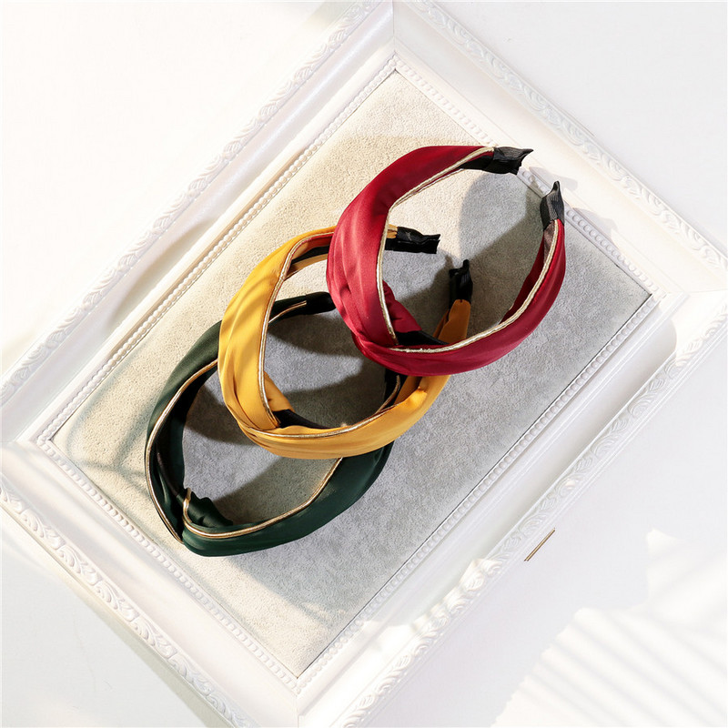 Benzi mari de păr din șifon solid pentru femei, bijuterii de modă, benzi cu lățime de noduri încrucișate pentru femei, accesorii sportive laterale de aur de epocă Mujer