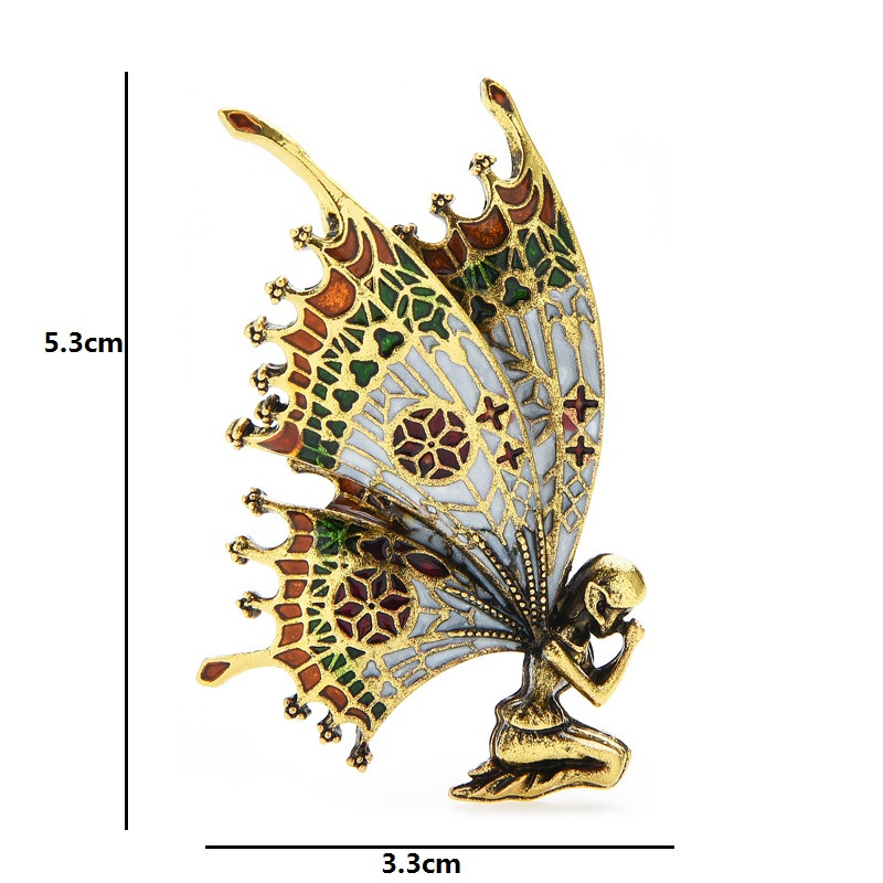 Wuli&baby Broșe de zână cu aripi de fluture vintage, email de calitate, pentru femei, ace, 2 culori, 2021, cadou de bijuterii de designer de înger
