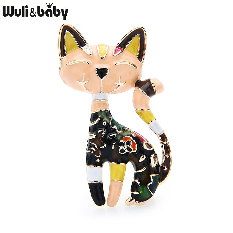 Wuli&baby virág zománcozott macska brossok női 2 színű tervező stílusú macska állat irodai alkalmi brosstűk ajándékok