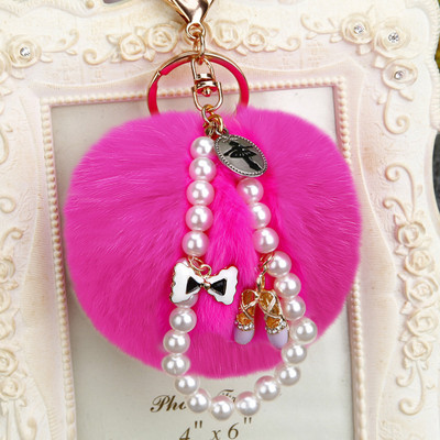 Fashion Faux Fluffy Crystal Bottle Bow Pompon Breloc Lanț de perle numărul 5 Geantă de mână Femei Breloc Mașină Inel Breloc Bijuterii