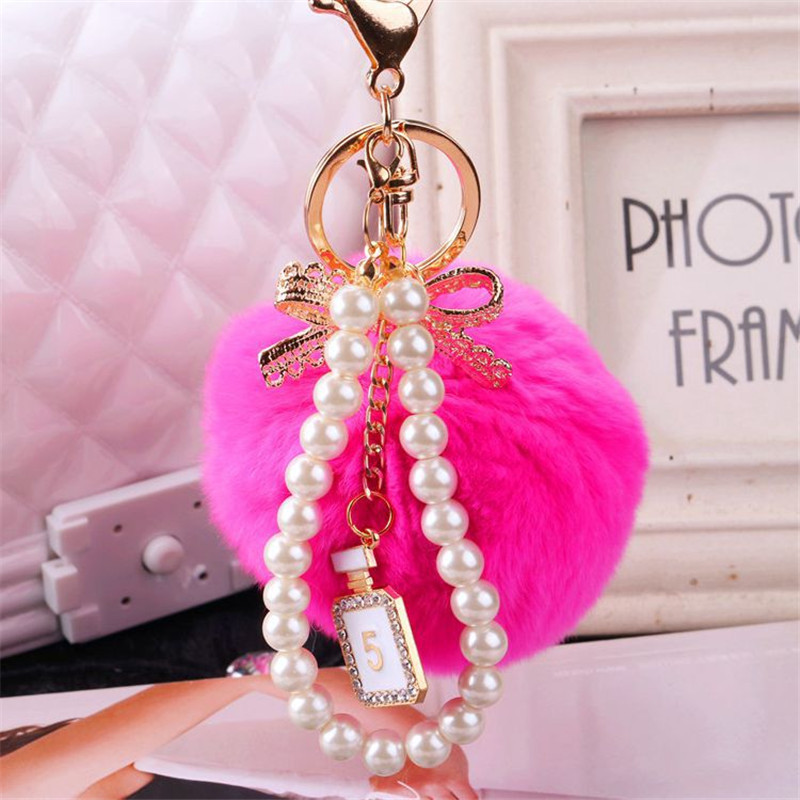 Fashion Faux Fluffy Crystal Bottle Bow Pompon Breloc Lanț de perle numărul 5 Geantă de mână Femei Breloc Mașină Inel Breloc Bijuterii