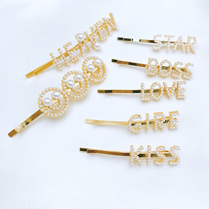 Ace de păr cu literă nouă Accesorii de păr pentru femei Bijuterii de modă Agrafe de păr perle simulate Girls Love Gold Grips de păr 9 stiluri