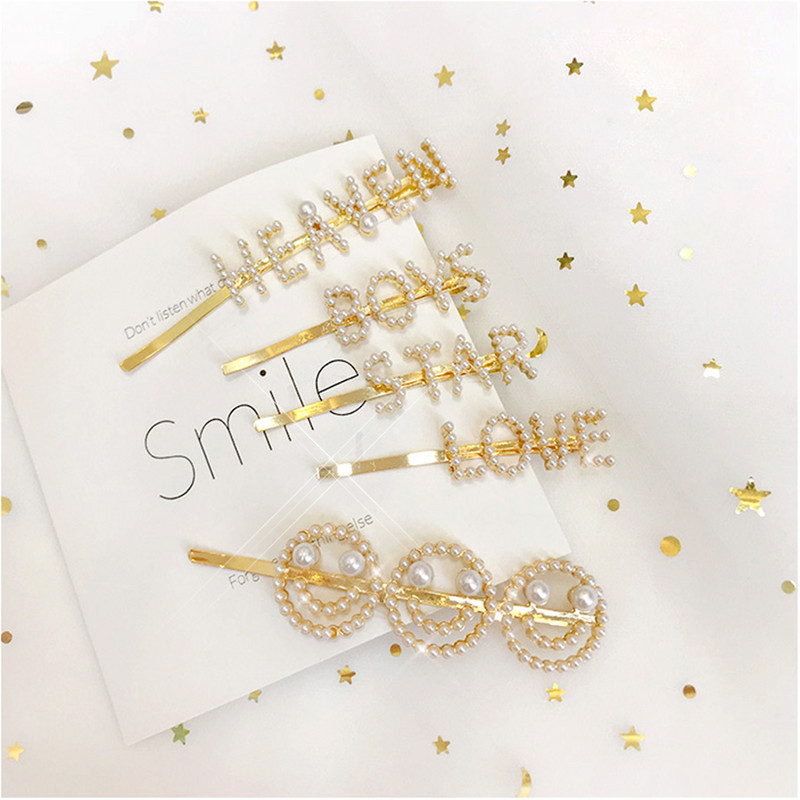 Ace de păr cu literă nouă Accesorii de păr pentru femei Bijuterii de modă Agrafe de păr perle simulate Girls Love Gold Grips de păr 9 stiluri