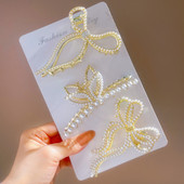 Korea Large Pearl Hair Claw Clip за жени Инструмент за дебела коса Butterfly Bowknot Gold Metal Geometric Hair Clamp Аксесоари