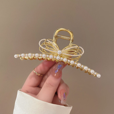 Korea Large Pearl Hair Claw Clip за жени Инструмент за дебела коса Butterfly Bowknot Gold Metal Geometric Hair Clamp Аксесоари
