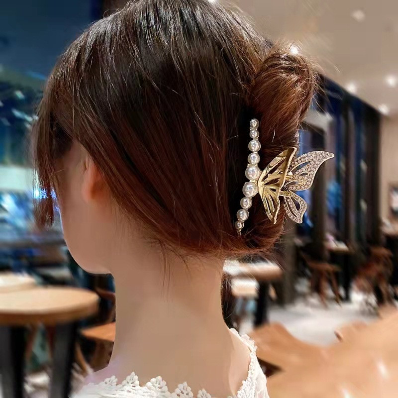 Korea Large Pearl Hair Claw Clip за жени Инструмент за дебела коса Butterfly Bowknot Gold Metal Geometric Hair Clamp Аксесоари