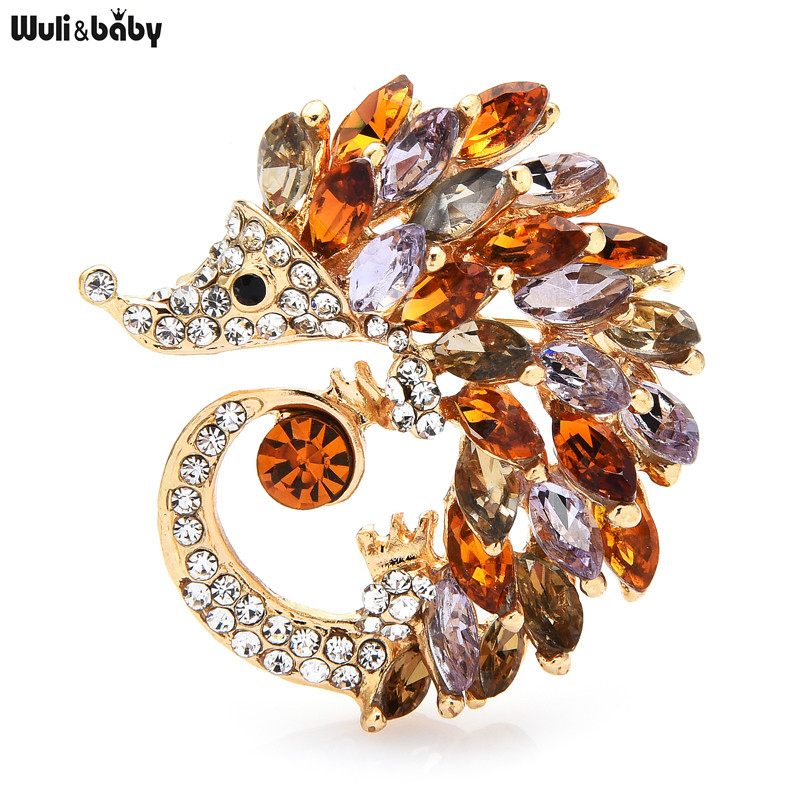 Wuli&baby Broșe cu arici drăguț din cristal strălucitor Ace de broșă cu animale adormite 3 culori pentru femei, cadou de bijuterii de Anul Nou