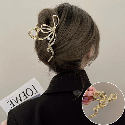 Big Bowknot Punk Metal Gold Silver Щипки за коса Мода Корея Cross Bow Crab Claw Clip Hairgrip Аксесоари за коса за жени Нови