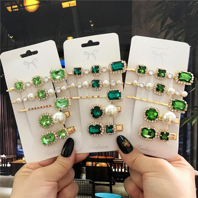 2020 New Green Crystal Hair Clip Hairpins for Women Fashion Simulated Pearl Hair Accessories Set Luxury Wedding Female Ornaments