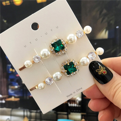 2020, noul agrafă de păr de cristal verde pentru femei, set de accesorii de păr cu perle simulate la modă, ornamente de lux pentru nuntă pentru femei