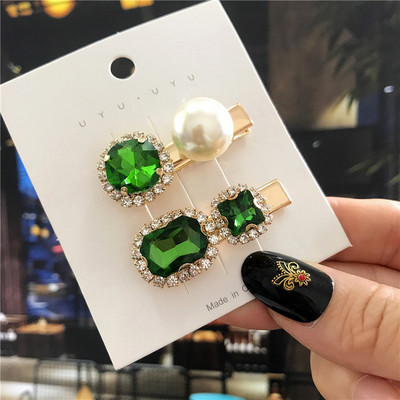 2020, noul agrafă de păr de cristal verde pentru femei, set de accesorii de păr cu perle simulate la modă, ornamente de lux pentru nuntă pentru femei