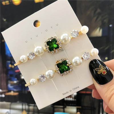 2020, noul agrafă de păr de cristal verde pentru femei, set de accesorii de păr cu perle simulate la modă, ornamente de lux pentru nuntă pentru femei