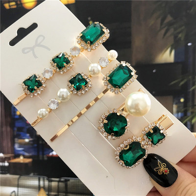 2020, noul agrafă de păr de cristal verde pentru femei, set de accesorii de păr cu perle simulate la modă, ornamente de lux pentru nuntă pentru femei