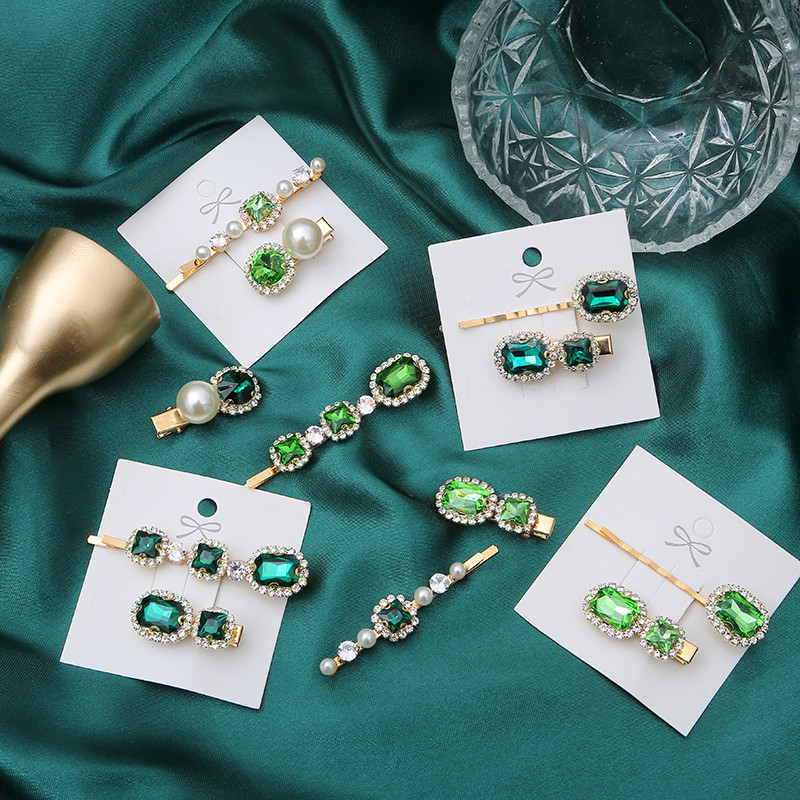 2020 m. Nauji žalios spalvos krištolo plaukų segtukai moterims. Madingi modeliuoti perlų plaukų aksesuarai, prabangūs moteriški vestuvių papuošalai