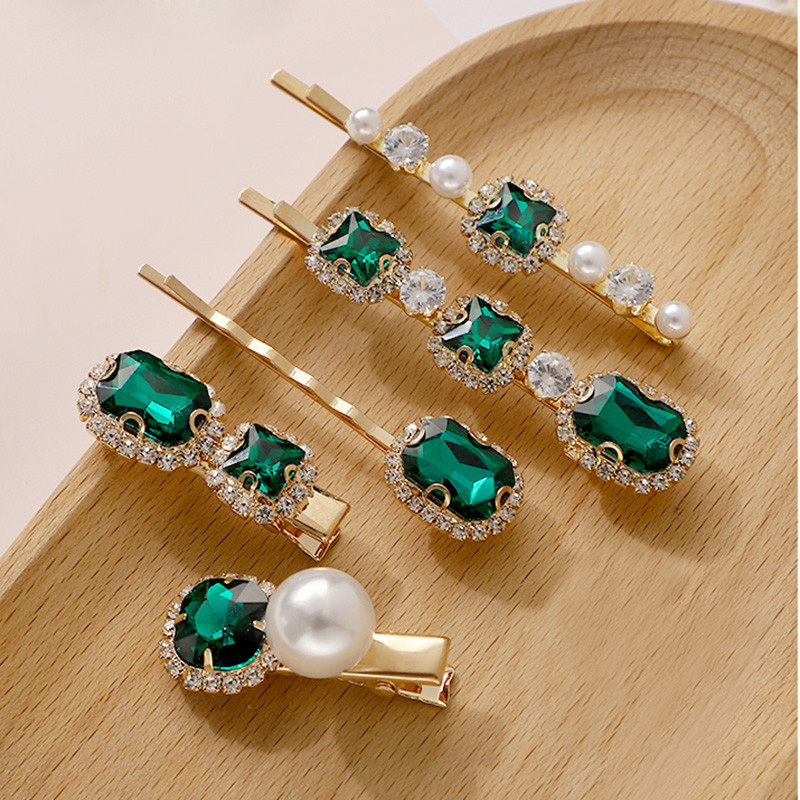 2020 m. Nauji žalios spalvos krištolo plaukų segtukai moterims. Madingi modeliuoti perlų plaukų aksesuarai, prabangūs moteriški vestuvių papuošalai