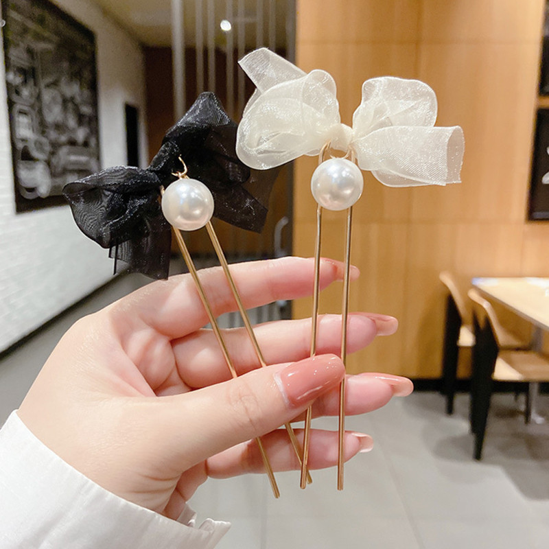 Moda mare perla dantela panglică fundă bastoane de păr pentru femei Accesorii de păr coreeană U metal coadă de cal suport simplu ac de păr