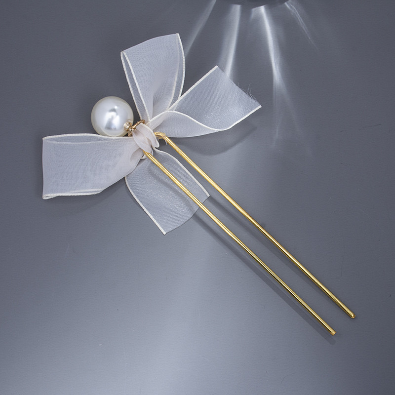 Moda mare perla dantela panglică fundă bastoane de păr pentru femei Accesorii de păr coreeană U metal coadă de cal suport simplu ac de păr