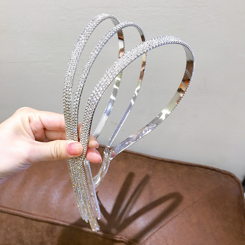 Trend coreeană cu strasuri lungi cu ciucuri bentițe pentru păr pentru femei, accesorii pentru păr, metal, argint, cristal, bentiță, bijuterii de nuntă de lux