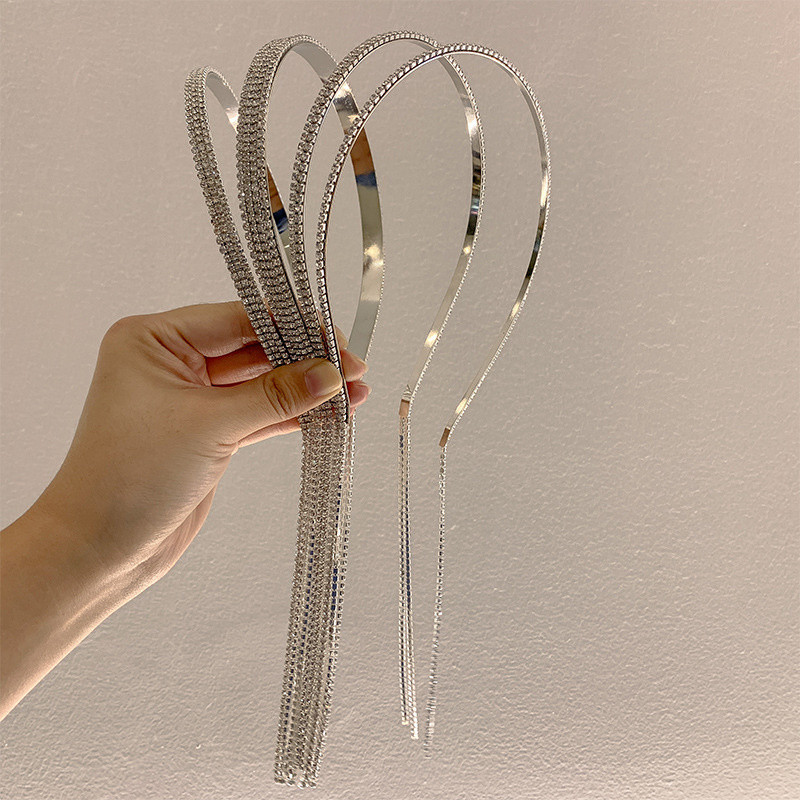 Trend coreeană cu strasuri lungi cu ciucuri bentițe pentru păr pentru femei, accesorii pentru păr, metal, argint, cristal, bentiță, bijuterii de nuntă de lux