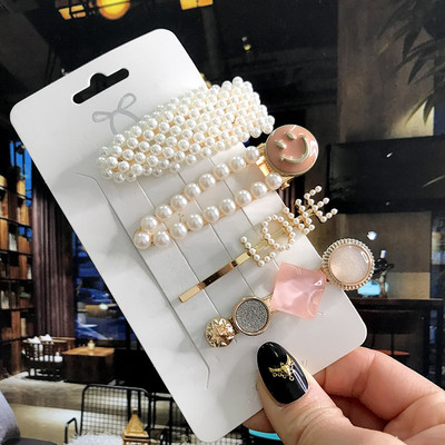 5 бр./компл. Акрилна щипка за коса за жени 2020 Модна симулация на перлени шноли Усмивка Любовно писмо Дръжки за коса Златни аксесоари за коса