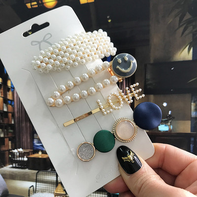 5 бр./компл. Акрилна щипка за коса за жени 2020 Модна симулация на перлени шноли Усмивка Любовно писмо Дръжки за коса Златни аксесоари за коса