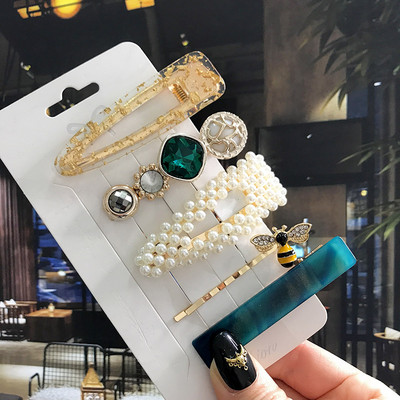 5 бр./компл. Акрилна щипка за коса за жени 2020 Модна симулация на перлени шноли Усмивка Любовно писмо Дръжки за коса Златни аксесоари за коса