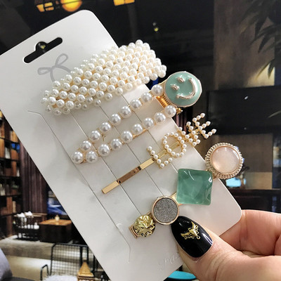 5 бр./компл. Акрилна щипка за коса за жени 2020 Модна симулация на перлени шноли Усмивка Любовно писмо Дръжки за коса Златни аксесоари за коса