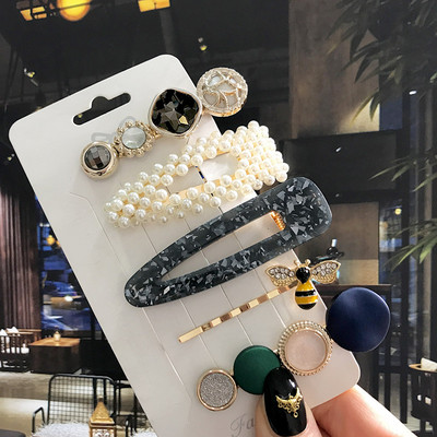 5 бр./компл. Акрилна щипка за коса за жени 2020 Модна симулация на перлени шноли Усмивка Любовно писмо Дръжки за коса Златни аксесоари за коса