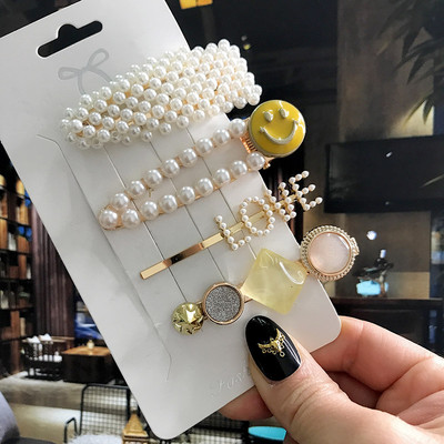 5 бр./компл. Акрилна щипка за коса за жени 2020 Модна симулация на перлени шноли Усмивка Любовно писмо Дръжки за коса Златни аксесоари за коса