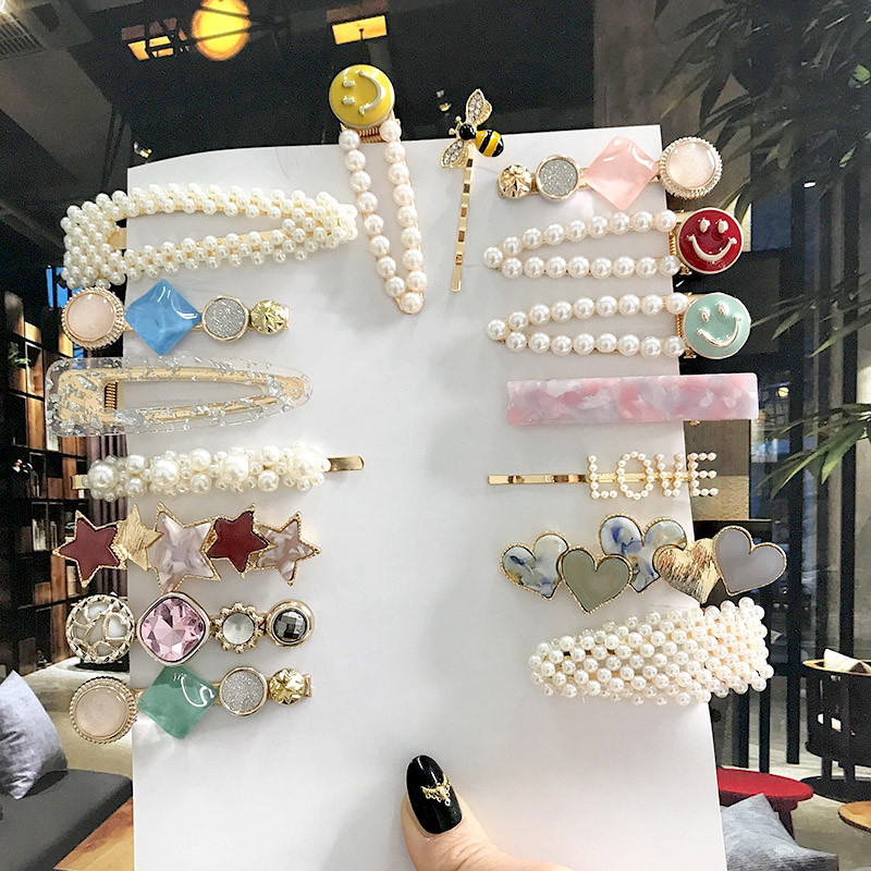 5 бр./компл. Акрилна щипка за коса за жени 2020 Модна симулация на перлени шноли Усмивка Любовно писмо Дръжки за коса Златни аксесоари за коса