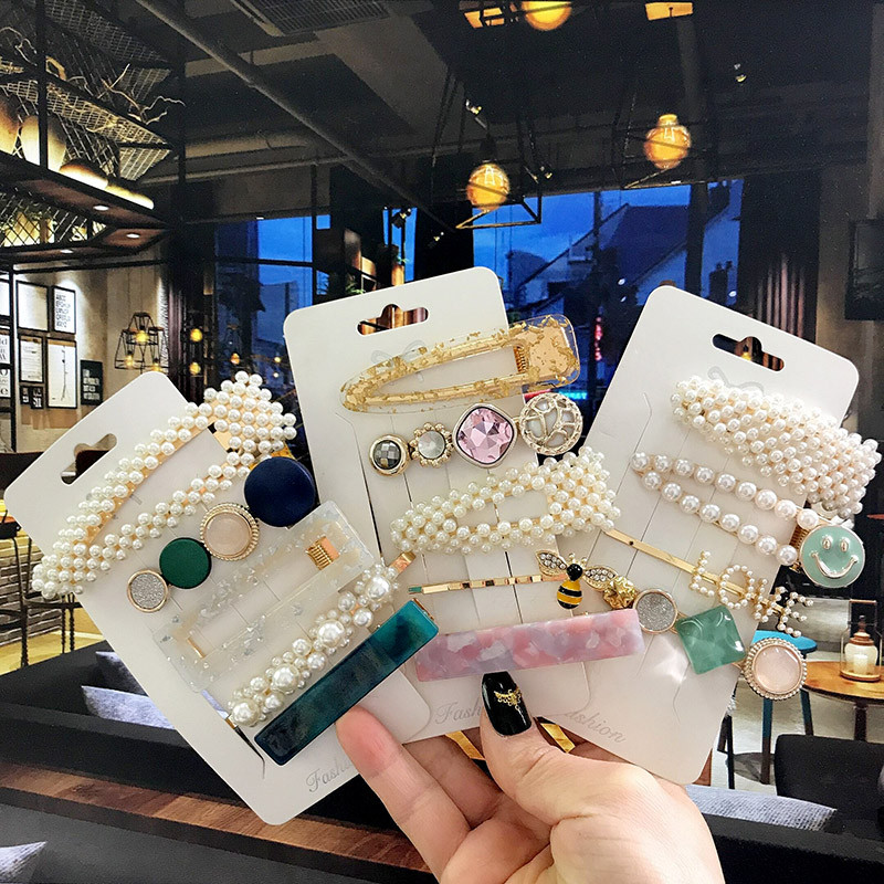 5 бр./компл. Акрилна щипка за коса за жени 2020 Модна симулация на перлени шноли Усмивка Любовно писмо Дръжки за коса Златни аксесоари за коса