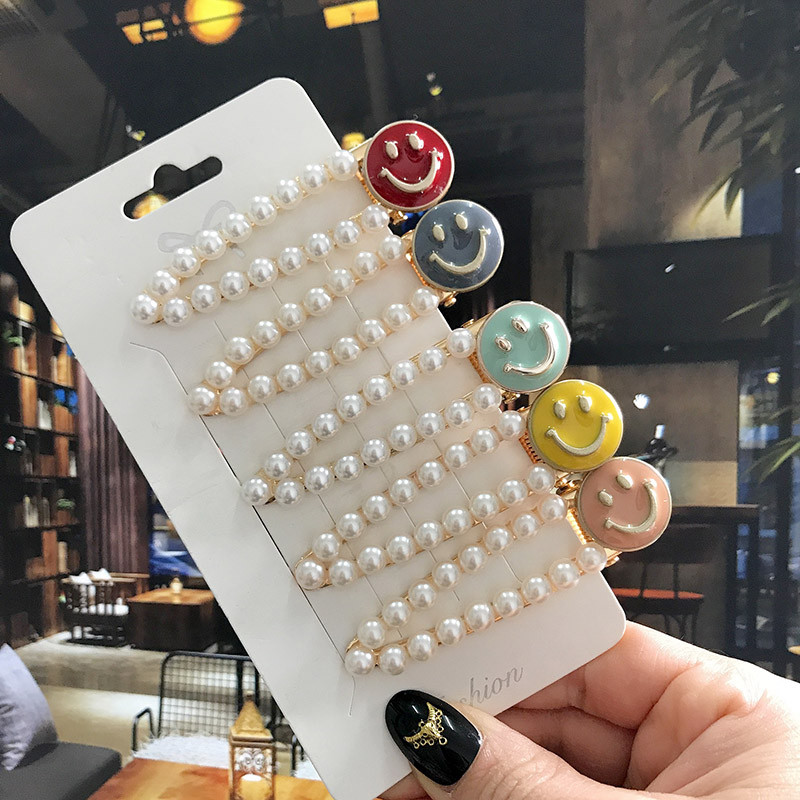 5 бр./компл. Акрилна щипка за коса за жени 2020 Модна симулация на перлени шноли Усмивка Любовно писмо Дръжки за коса Златни аксесоари за коса