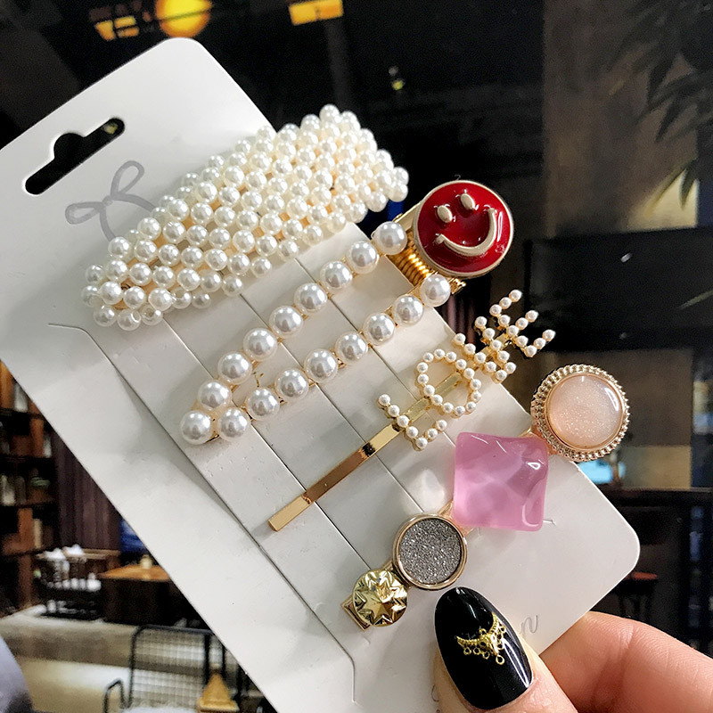 5 бр./компл. Акрилна щипка за коса за жени 2020 Модна симулация на перлени шноли Усмивка Любовно писмо Дръжки за коса Златни аксесоари за коса