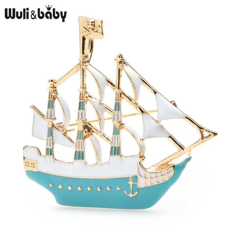 Wuli&baby Broșe emailate cu barca cu pânze pentru femei, frumusețe în 3 culori, petrecere cu barca cu aburi, broșă casual pentru birou, ace, cadouri