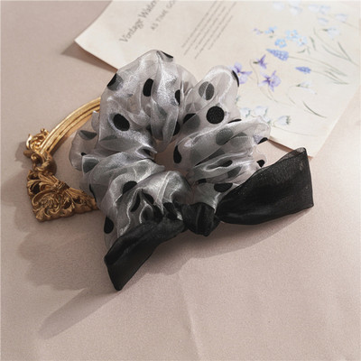 Benzi de păr elastice din șifon mari, pentru femei, coreeană, puncte negre, cu papion, suport pentru coadă de cal pentru fete