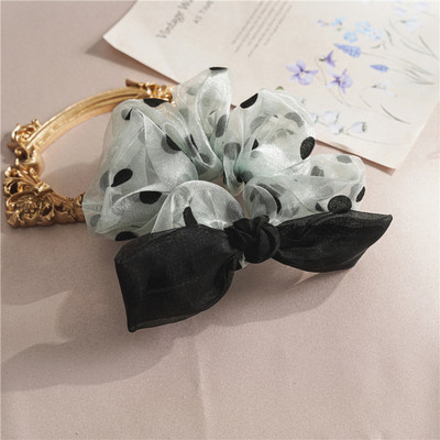 Benzi de păr elastice din șifon mari, pentru femei, coreeană, puncte negre, cu papion, suport pentru coadă de cal pentru fete