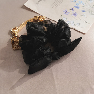 Benzi de păr elastice din șifon mari, pentru femei, coreeană, puncte negre, cu papion, suport pentru coadă de cal pentru fete