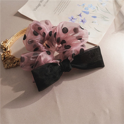 Benzi de păr elastice din șifon mari, pentru femei, coreeană, puncte negre, cu papion, suport pentru coadă de cal pentru fete